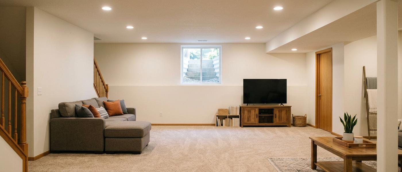 Finished basement family room with smooth drywall walls and ceiling and recessed lights