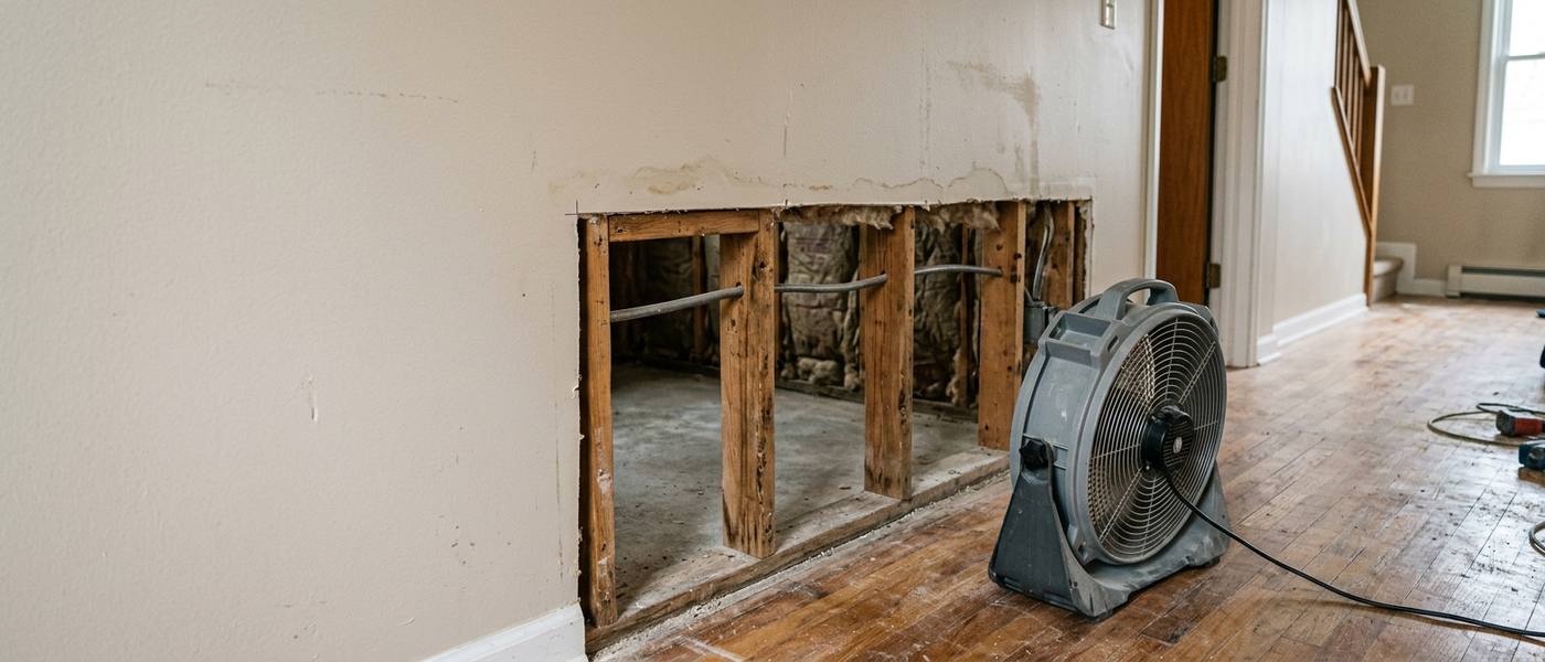 Water damaged drywall cut away at the base of a wall to show the studs, with a drying fan