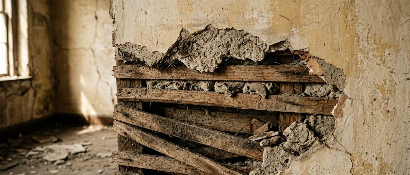 Broken plaster showing rough wood lath strips and plaster keys behind