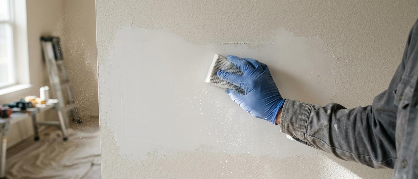 Gloved hand sanding a dried drywall patch smooth with a sanding sponge