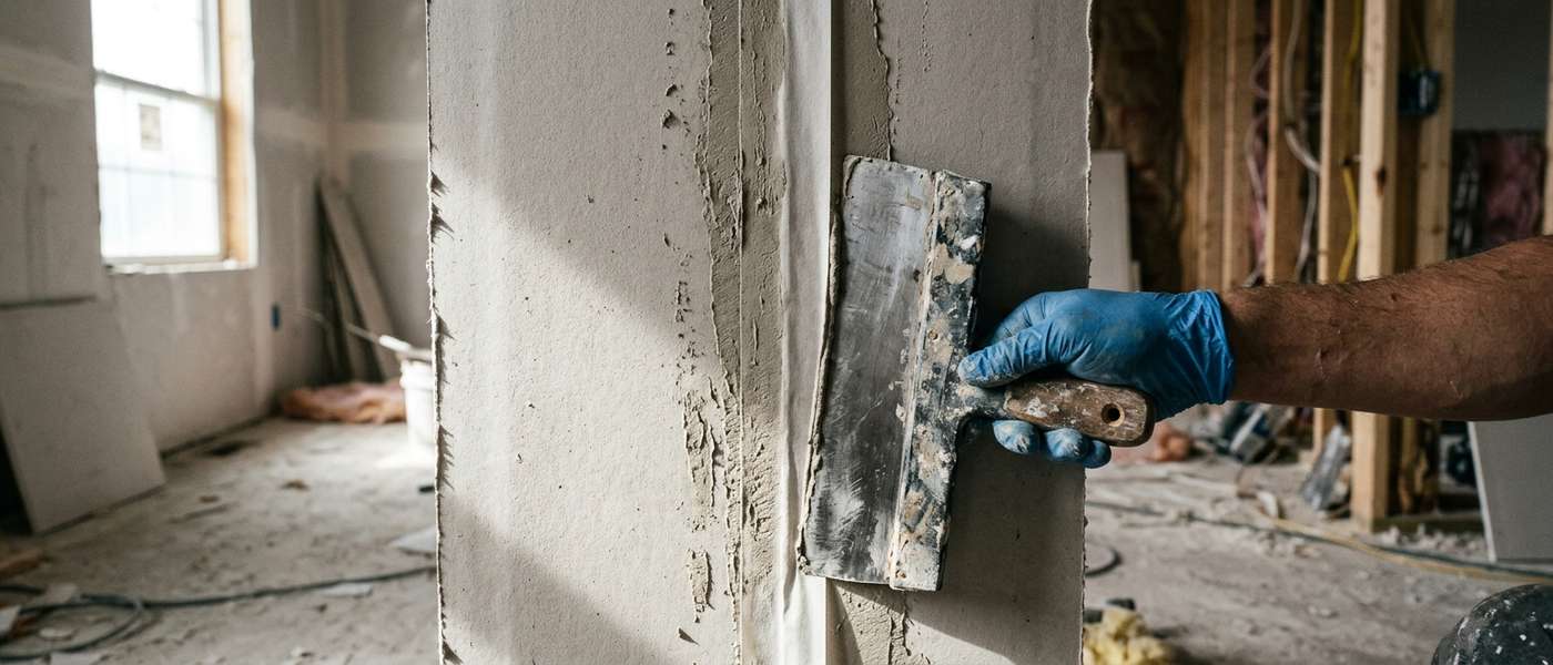 Paper tape set in joint compound on a drywall seam, with a taping knife