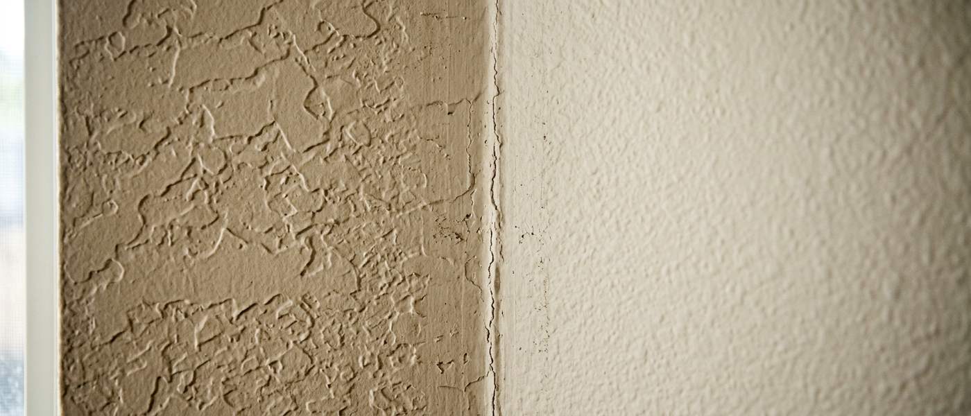 Two drywall textures meeting on one wall, knockdown beside orange peel