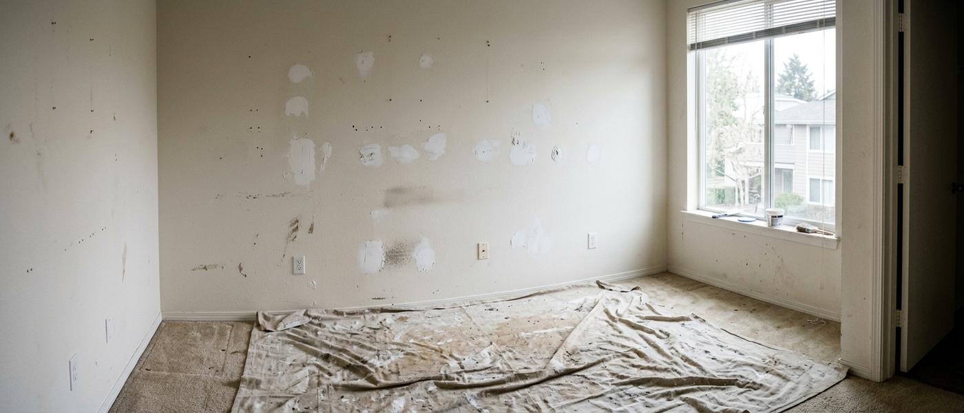 Empty apartment bedroom with small nail holes spot-patched with white compound